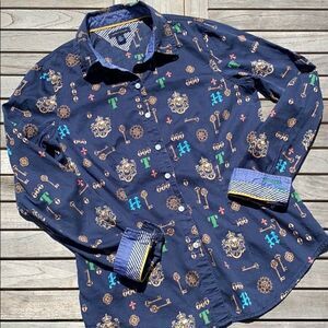 Tommy Hilfiger Women’s Navy Key Print Collared Button Down Shirt Blouse Small